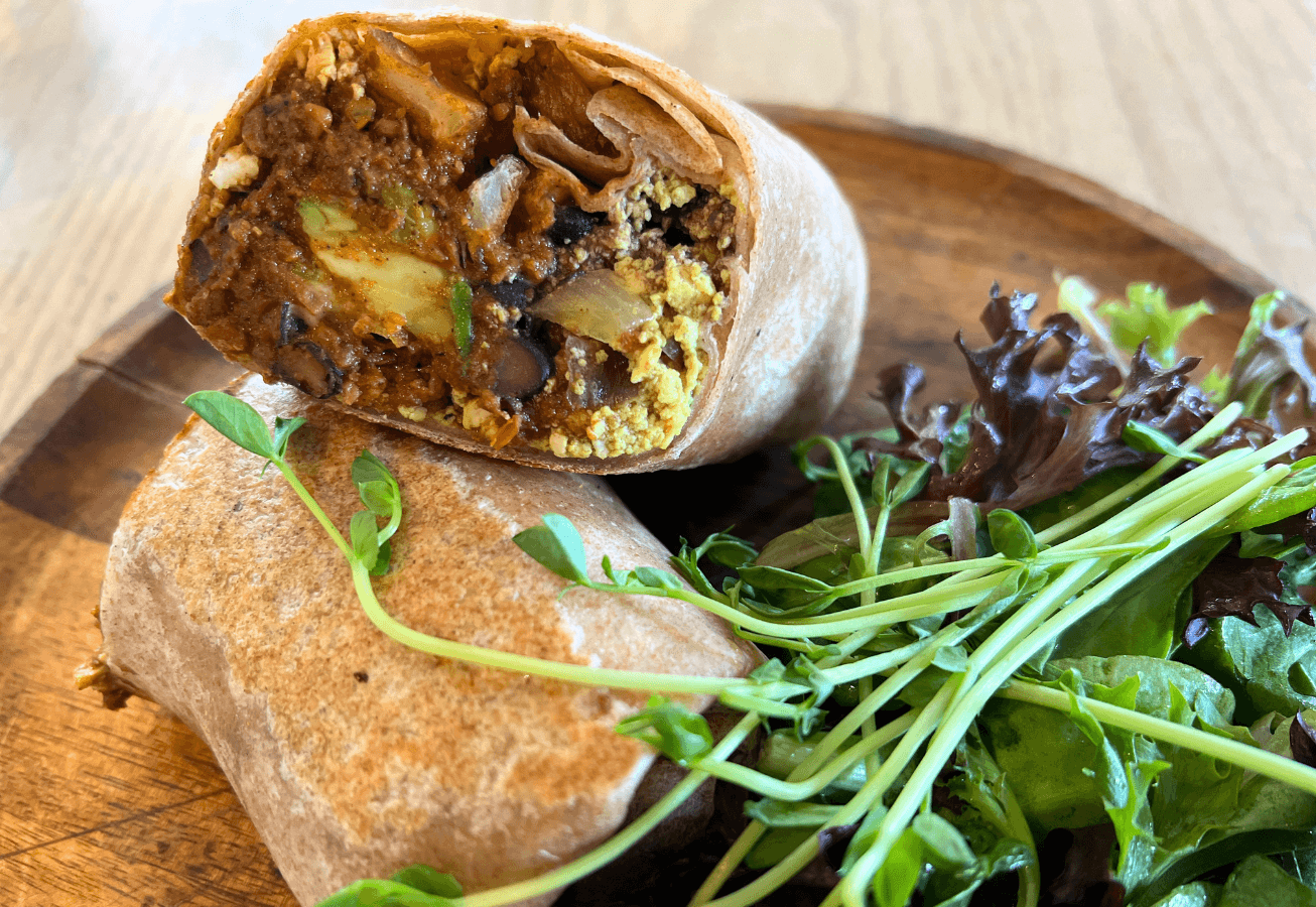 Chorizo breakfast burrito at Cafe Gratitude